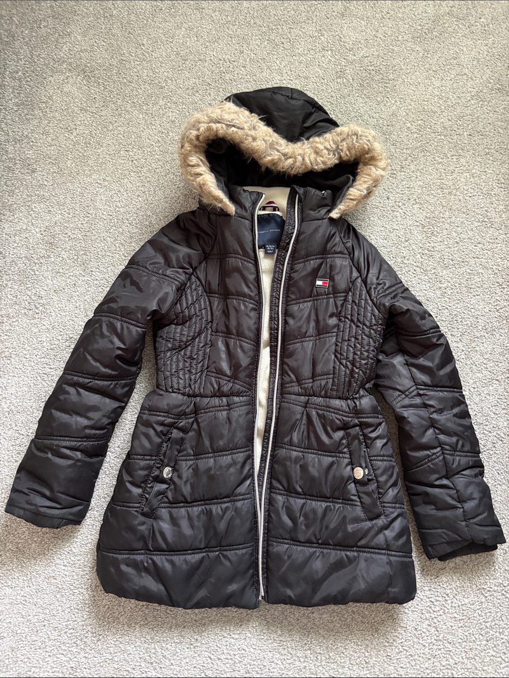 Tommy Hilfiger Girls Black Quilted Puffer Coat with Faux-Fur Trim Hood